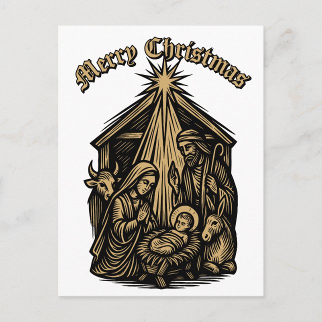 Christmas Nativity Retro Medieval Woodcut Helg Vykort (Framsida)