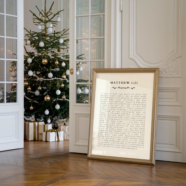 Christmas Nativity Story Matthew 1:21 Print Poster (Against the wall, there is a framed Christian scripture print about nativity story Matthew 1:21.)