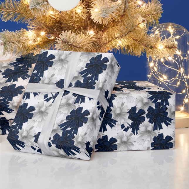 Christmas Navy Bow Velvet Pattern Presentpapper (Helgdagar)