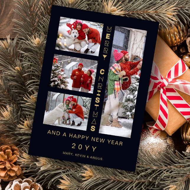 Christmas Navy & Gold 4 Multi photos Funny Script Julkort (Christmas Navy & Faux Gold 4 Multi photos Collage Whimsical Funny Script Holiday Card with Envelope.)