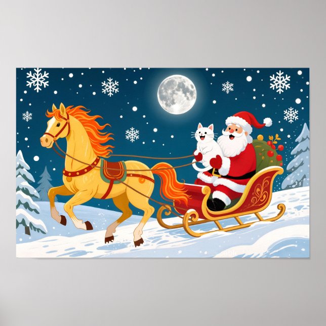 Christmas, New Year, Red Horse, Santa & White Cat Poster (Framsidan)