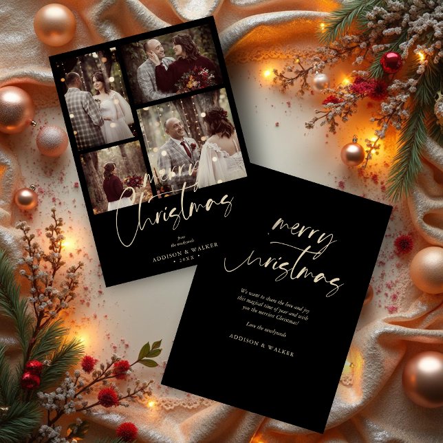 Christmas Newlyweds Black Trendy Collage 4 Photos Julkort (Christmas Newlyweds Black Trendy Collage Wedding 4 photos Holiday Cards)