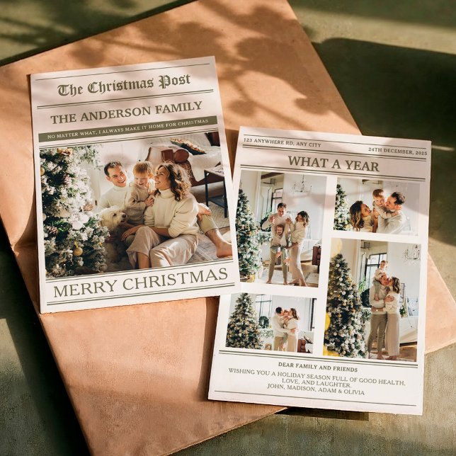 Christmas Newspaper Olive Green Photo What a Year Julkort (Skapare uppladdad)