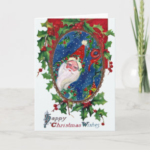 CHRISTMAS NIGHT / SANTA MED HOLLYBERRY KRONA HELGKORT