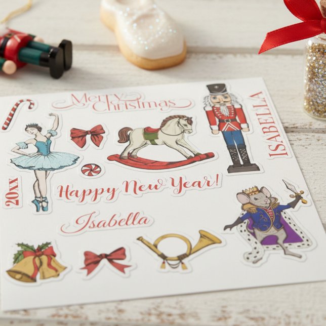 Christmas Nutcracker Ballet Sticker Sheet Klistermärken (Festive Red & Gold Christmas Nutcracker Ballet Stickers. Nutcracker, Sugar Plum Fairy, Mouse King)