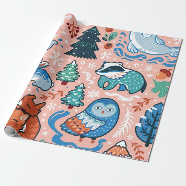 CHRISTMAS OCH HANUKKAH FOREST ANIMALS GIFT WRAP PRESENTPAPPER (Utrullad)