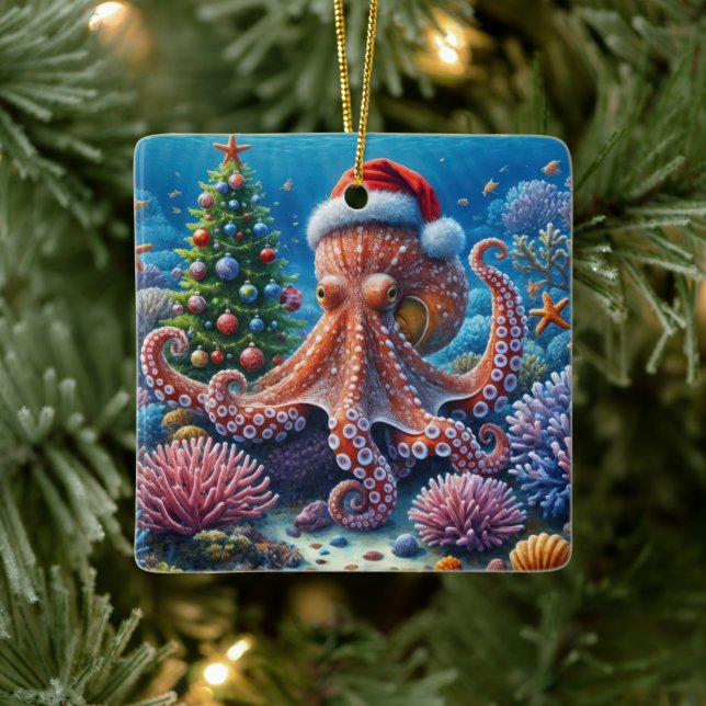 Christmas Octopus Wearing a Santa Hat Julgransprydnad Keramik (Träd)
