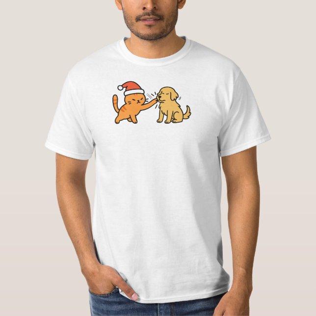 Christmas Orange Cat and Golden Retriever T Shirt (Framsida)