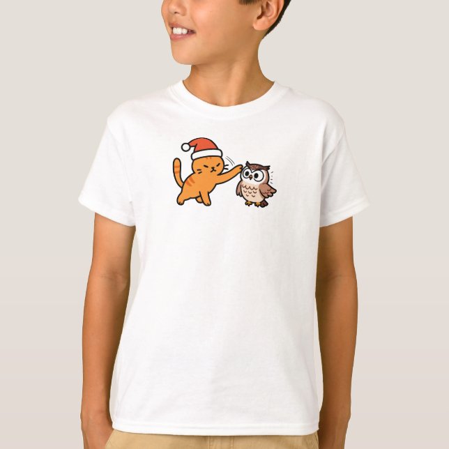 Christmas Orange Cat and Owl T Shirt (Framsida)