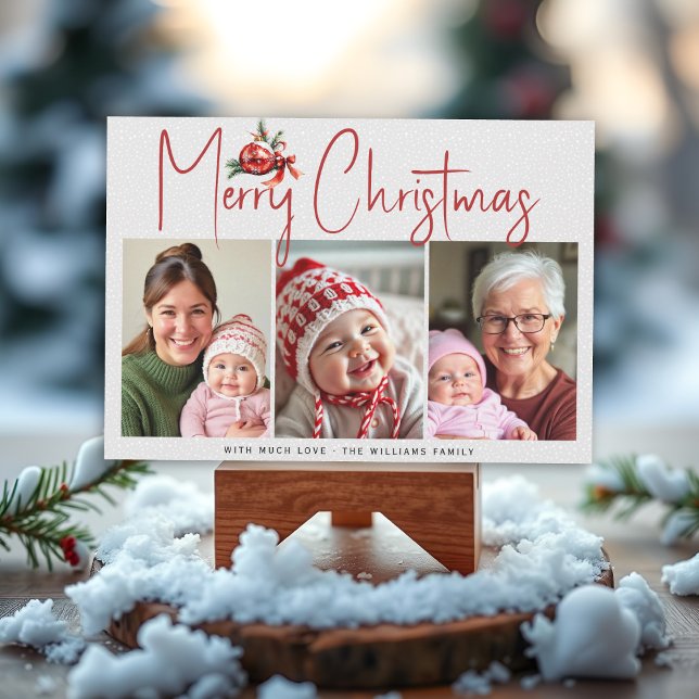 Christmas ornament and red bow three photo collage julkort (Skapare uppladdad)