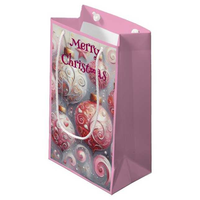 Christmas Ornament Balls Pink White w/Swirls (Framsidan Vinklad)