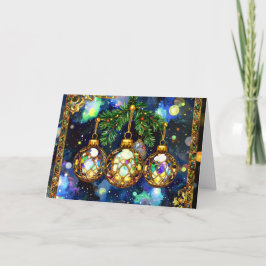 Christmas ornaments hanging from the tree branches helgkort