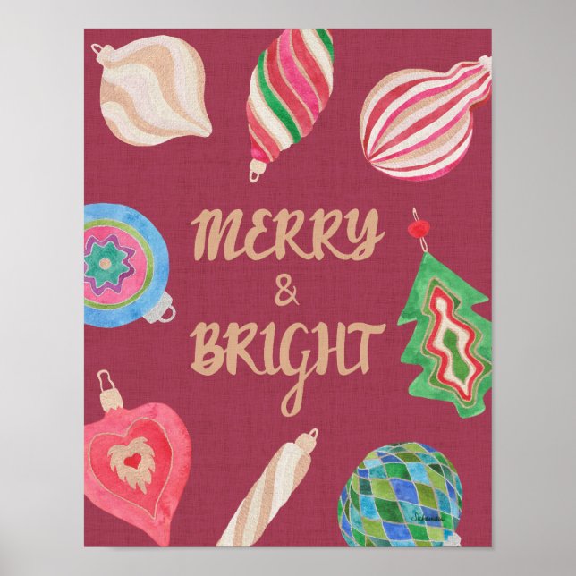 Christmas Ornaments Merry & Bright Art Print Poster (Framsidan)