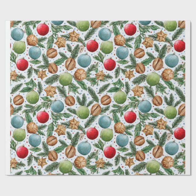 Christmas Ornaments & Pine Pattern Presentpapper (Platt)