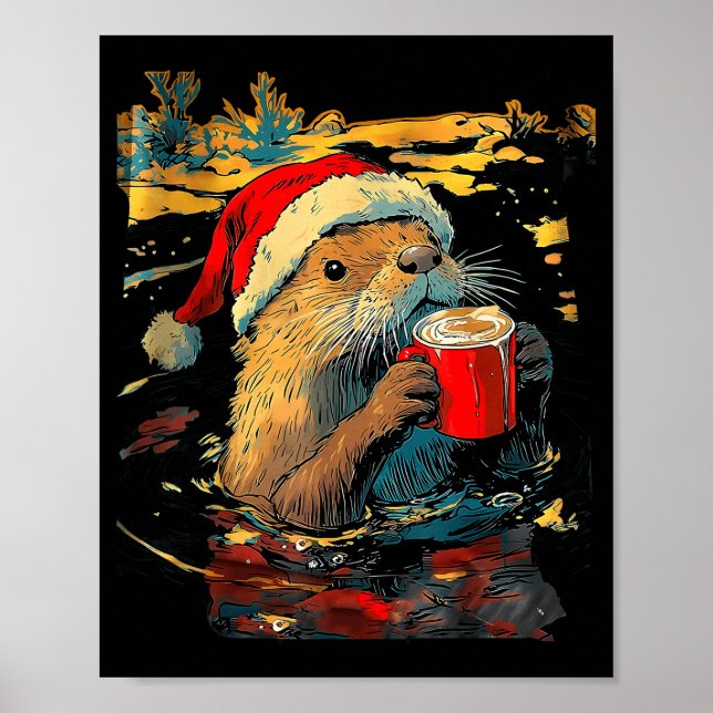 Christmas Otter Drinks Coffee Art Print  Poster (Framsidan)