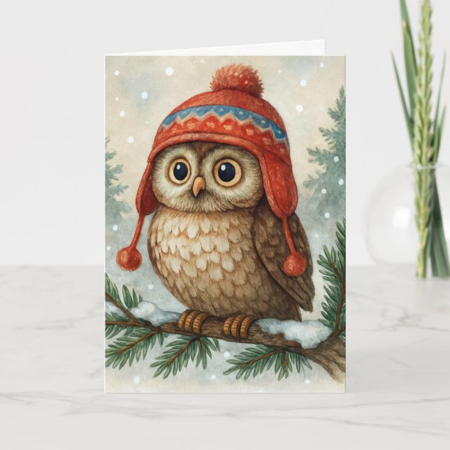 Christmas Owl with Winter Hat Kort (Framsida)