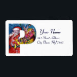 CHRISTMAS P BREV / SANTA MED GIFTS MONOGRAM FRAKTSEDEL<br><div class="desc">Den första utformningen av P-fetstil med alfabet brev,  färgstark,  vit och konstnärlig akrylmålning inför jul. Jultomten,  snövinter-natten med blommigt,  prydnadsväxter för grönt,  hollbär,  svamp,  marionetter och leksaker i snö av Bulgan Lumini (c) com</div>