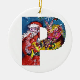 CHRISTMAS P BREV / SANTA MED GIFTS MONOGRAM JULGRANSPRYDNAD KERAMIK