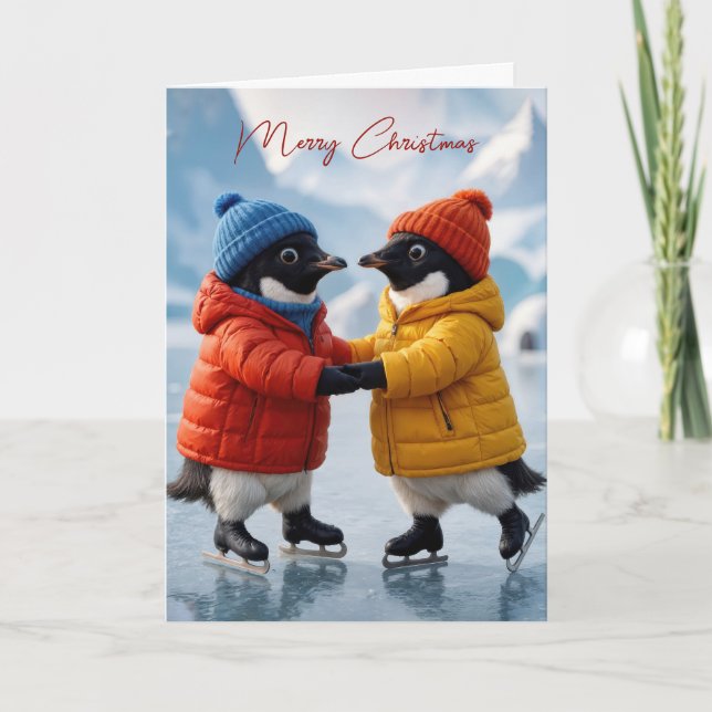 Christmas Pair of Penguins Ice Skating  Kort (Framsida)
