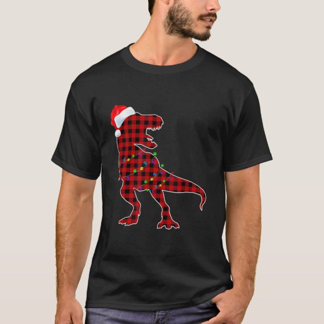 Christmas Pajamas T Rex Red Plaid Funny Buffalo T Shirt (Framsida)