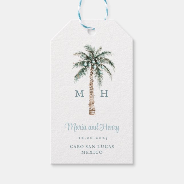 Christmas Palm Tree | Beach Wedding Monogram Presentetikett (Framsidan)