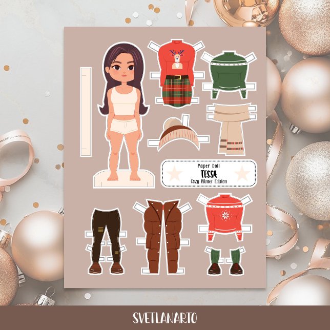 Christmas Paper Doll Brunette Girl Winter Dress (Skapare uppladdad)
