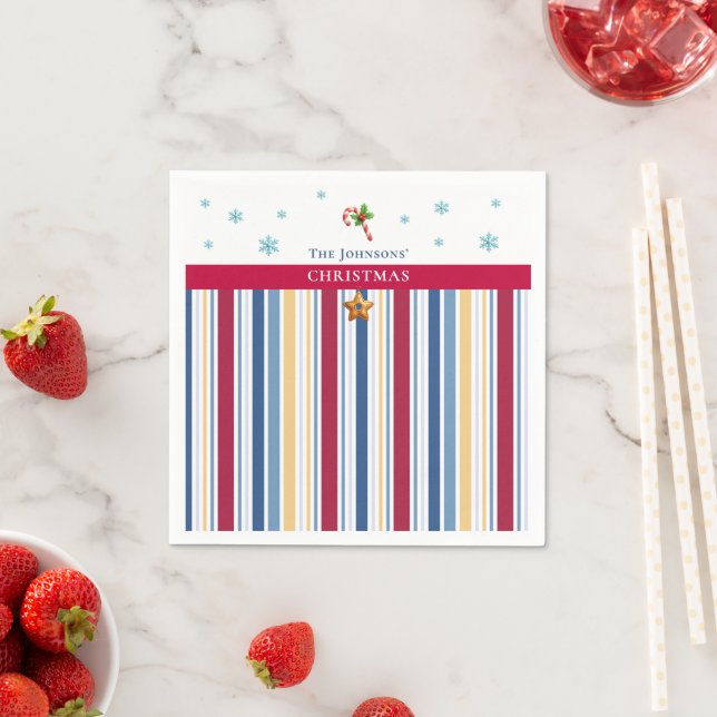 Christmas Paper Napkins – Blue, Red & Gold Stripes Pappersservett (Insitu)