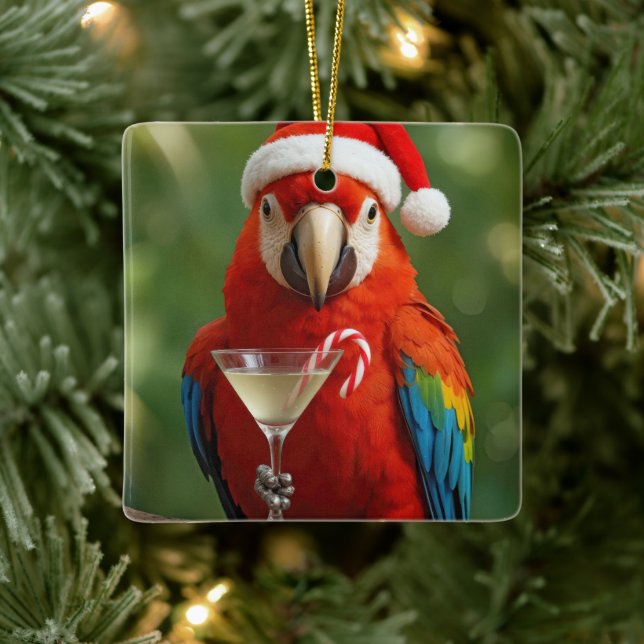 Christmas Parrot Holding a Cocktail Julgransprydnad Keramik (Träd)