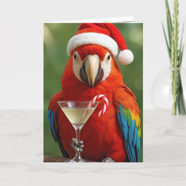Christmas Parrot Holding a Cocktail Kort (Framsida)