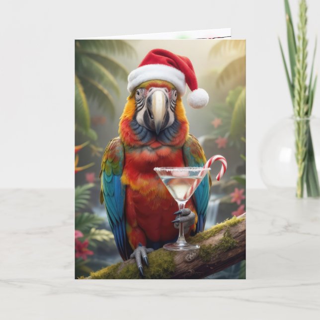 Christmas Parrot Holding a Martini Cocktail Kort (Framsida)