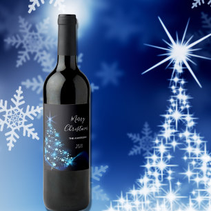 Christmas party black blue modern shining tree vinflaska etikett