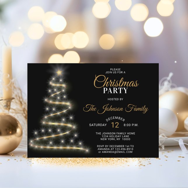 CHRISTMAS PARTY Black Guld Glitter Stars Träd Inbjudningar (CHRISTMAS PARTY Black Gold Glitter Stars Tree Invitation)