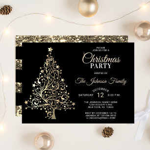 CHRISTMAS PARTY Black Guld Glitter Träd Inbjudningar