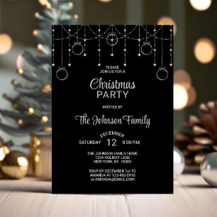 CHRISTMAS PARTY Black Silver Glitter Stars Inbjudningar