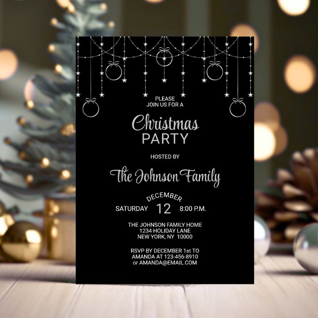 CHRISTMAS PARTY Black Silver Glitter Stars Inbjudningar (CHRISTMAS PARTY Black Silver Glitter Stars Invitation)