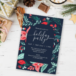 Christmas Party Blue Botanical Red Floral   Inbjudningar