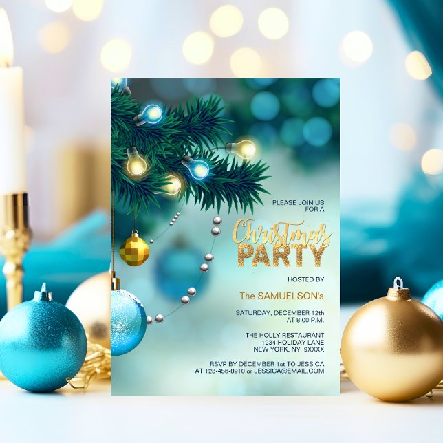CHRISTMAS PARTY Blue Guld Träd Baubles Glitter Inbjudningar (CHRISTMAS PARTY Blue Gold Tree Baubles Glitter Invitation)