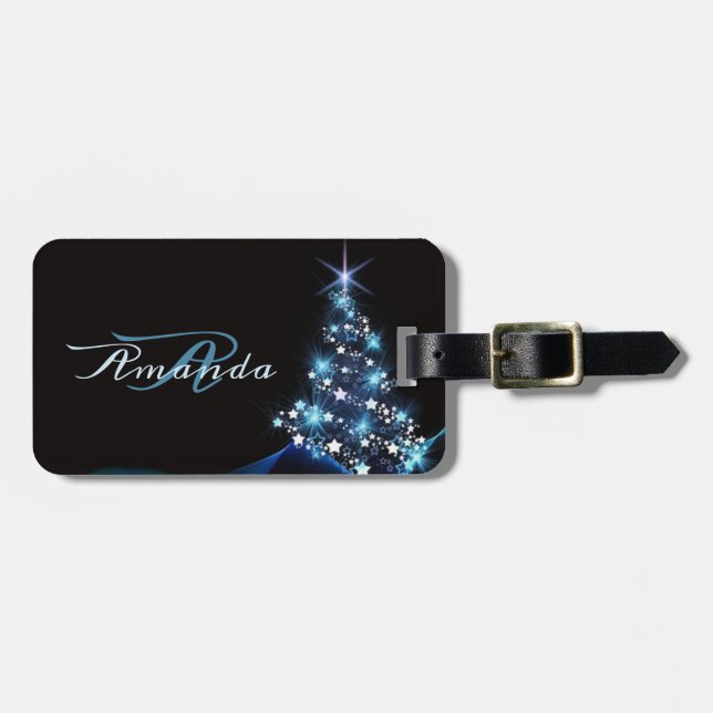 Christmas Party Blue Tree Shiny Black Elegant Bagagebricka (Horisontell Framsida)