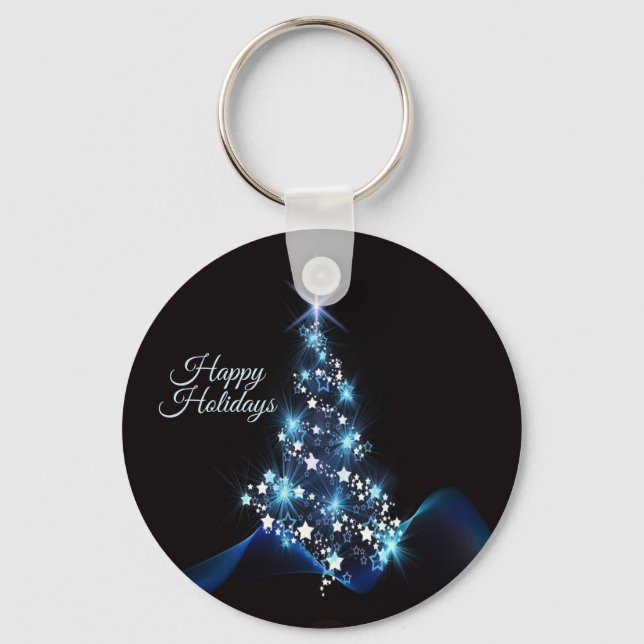 Christmas Party Blue Tree Shiny Black Elegant Nyckelring (Framsida)