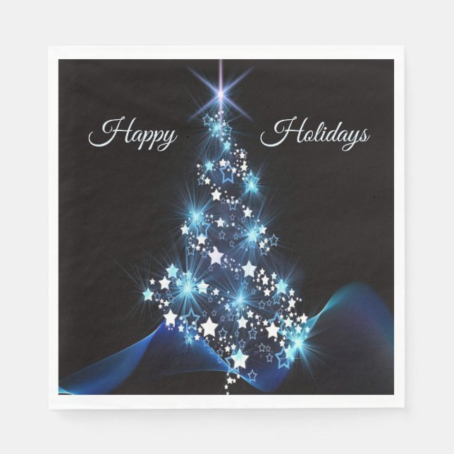 Christmas Party Blue Tree Shiny Black Elegant Pappersservett (Framsidan)