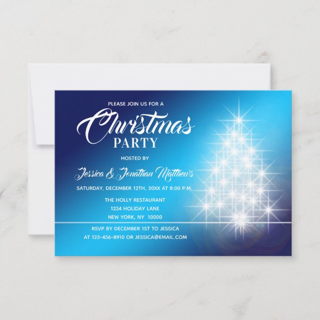 CHRISTMAS PARTY Blue White Twinkle Ljus Träd Inbjudningar (Framsida)