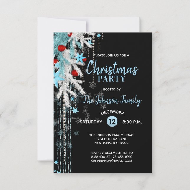 CHRISTMAS PARTY Decor Blue Silver Black Snöflingor Inbjudningar (Framsida)