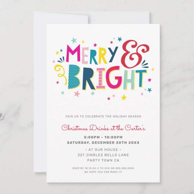 CHRISTMAS PARTY festive typography MERRY & BRIGHT Julkort (Framsida)