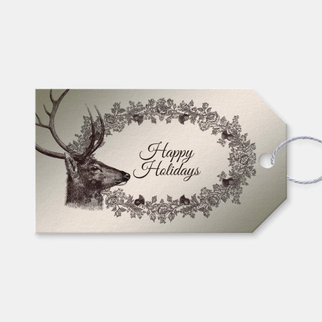 Christmas Party Floral Reindeer Golden Winter Presentetikett (Framsidan (Horisontell))