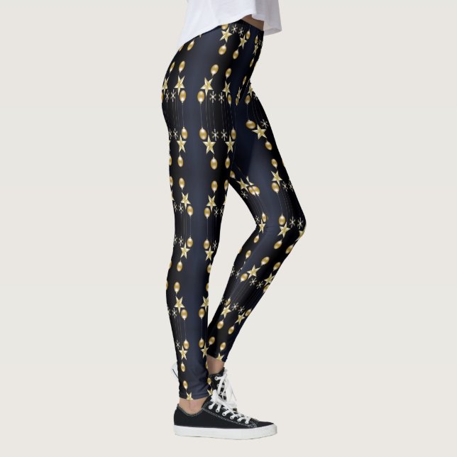 Christmas Party Golden Ornaments Navy Blue Leggings (Höger)