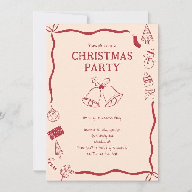 Christmas Party Hand Drawn Holiday Red Coquette Inbjudningar (Framsida)