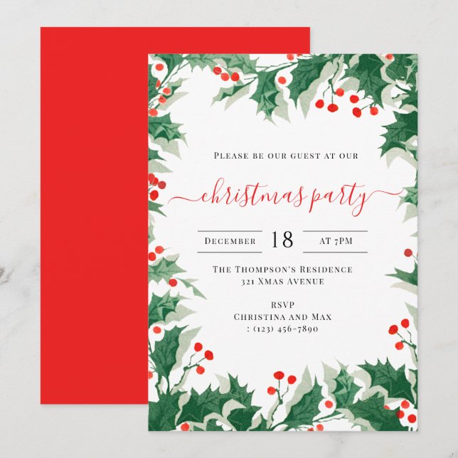 Christmas Party Holiday Watercolor Holly Berries Inbjudningar (Fram/baksida)