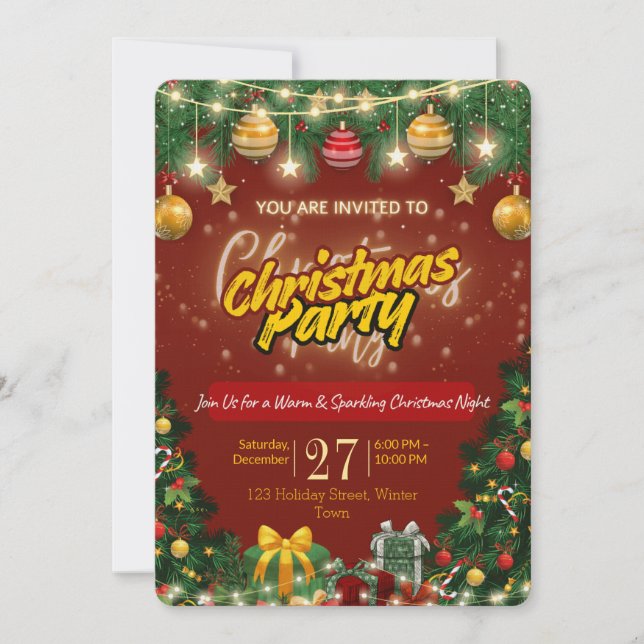 Christmas Party Invitation | Red & Gold Holiday  Inbjudningar (Framsida)