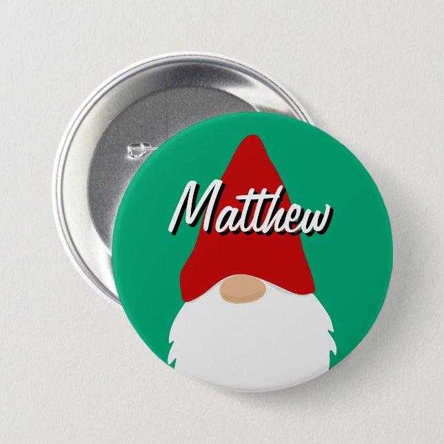 Christmas party name buttons with cute gnome knapp (Framsida & baksida)