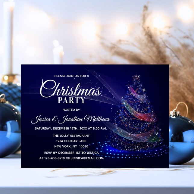 CHRISTMAS PARTY Navy Blue Twinkle Ljus Träd Inbjudningar (CHRISTMAS PARTY Navy Blue Twinkle Lights Snow Tree Invitation)